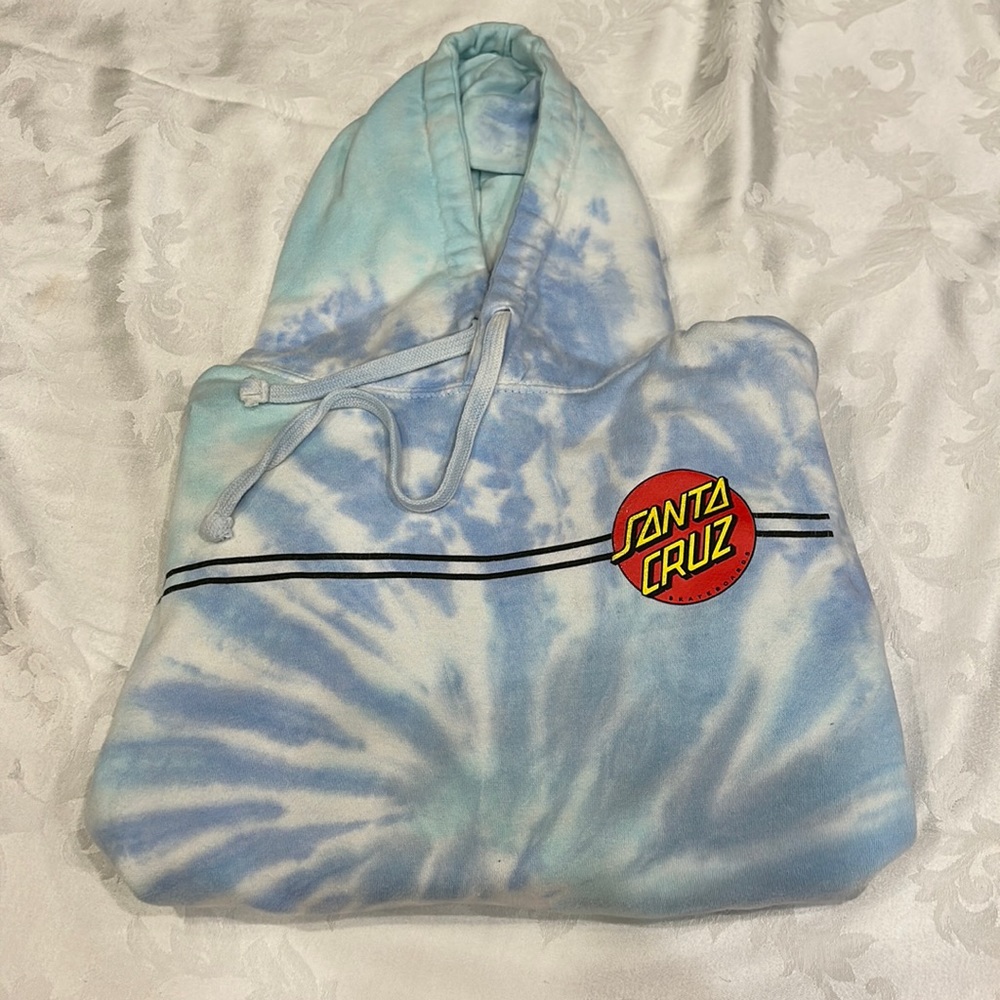 blue and white tie-dye santa cruz sweatshirt
